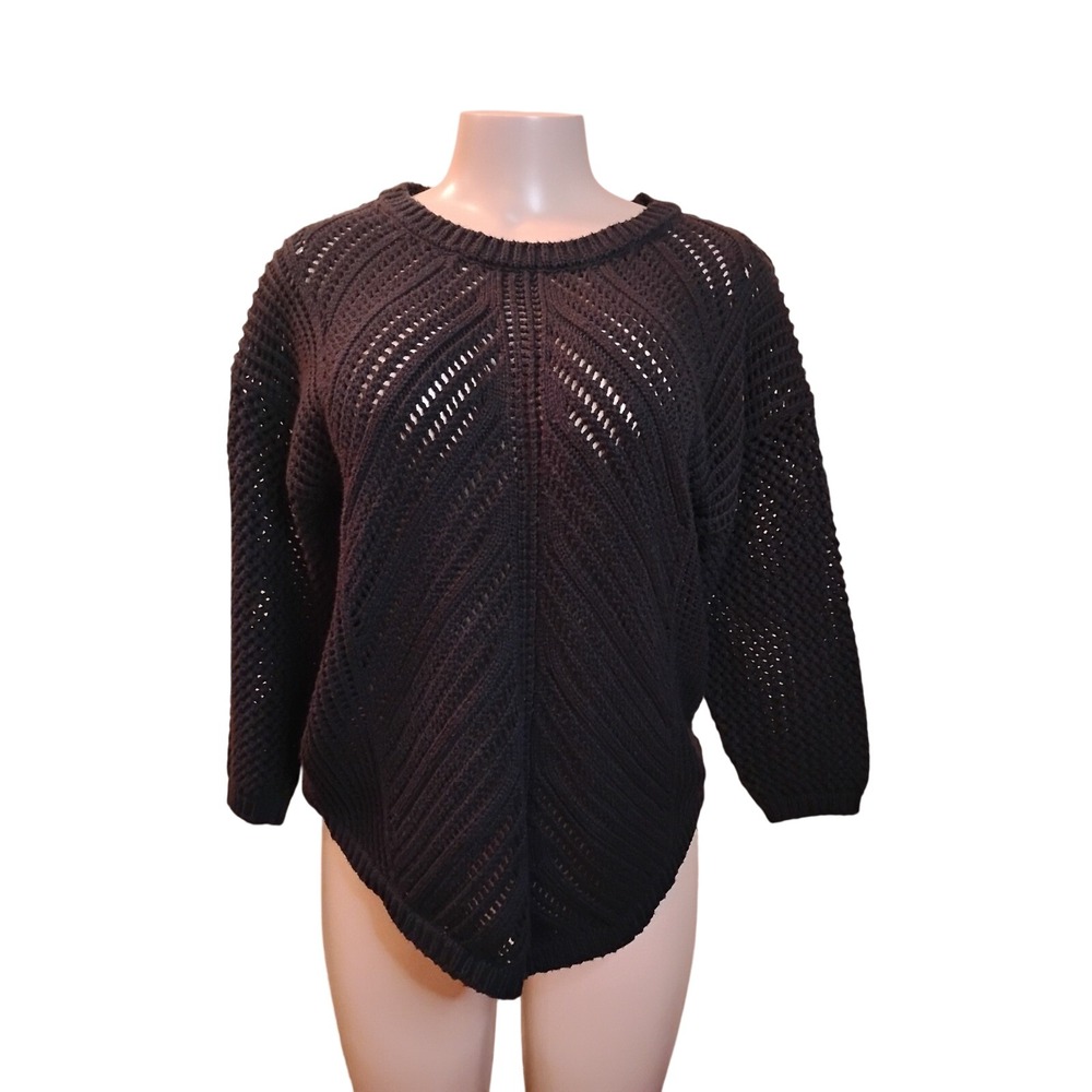 Chelsea & Theodore Black Open Knit Pointelle Sweater XL 3/4 Sleeve Pullover